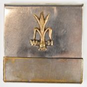 Metal cigarette case with Welsh Horse Yeomanry badge to front, 8.5 x 8.5cm