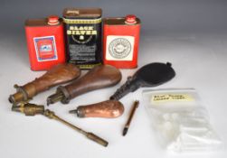 A collection of shooting accessories including powder flasks by M Marsh of Sheffield and Sykes,