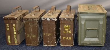 Five various military ammunition boxes, comprising four narrower examples, dated 1967, 1974, 1985
