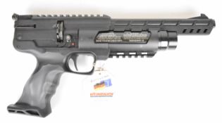 Weihrauch HW44 .177 PCP air pistol with shaped grips and adjustable sights. scope rail and 10-shot