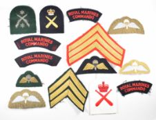 Fifteen Royal Marines insignia including Parachutist, Physical Training Instructor, rank chevrons