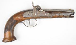 Unnamed percussion hammer action coat pistol with engraved lock, trigger guard, butt cap and mounts,