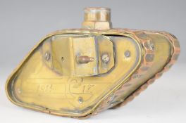 WW1 brass and copper trench art model of a tank, engraved with Present of the war, France and 1914