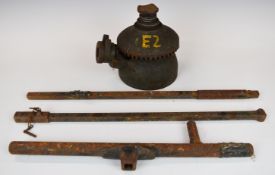 Four ton military screw jack by Ern Lake, with three piece handle, dated to jack 1973