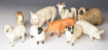 Beswick farm animals including pigs, goats and sheep, tallest 13cm