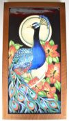 Moorcroft pottery plaque by Rachel Bishop decorated with a peacock amongst foliage, 2007, 40 x 20cm