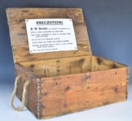 A W Bombs wooden crate with enamel sign to the inside 'Precautions' and 'A W Bombs Fragile Glass