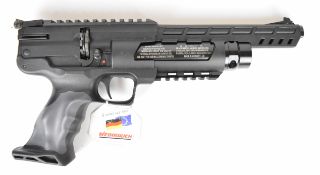 Weihrauch HW44 .177 PCP air pistol with shaped grips and adjustable sights. scope rail and 10-shot