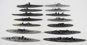 Fourteen waterline battleships both metal and plastic including Nelson Class, HMS Hood and HMS