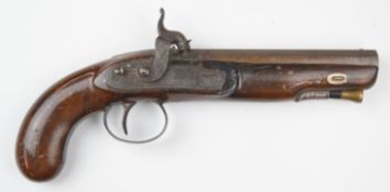 H W Mortimer of London percussion hammer action coat pistol with named and engraved stylised dolphin