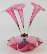Victorian cranberry glass three branch epergne with metal mounts, 28cm tall.