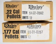 Twelve tins of 500 .177 and twelve tins of 250 .22 Daisy air rifle or pistol pellets, sealed in