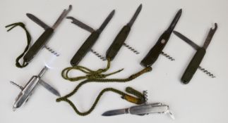 Four Victorinox folding pocket knives together with two multi tools, longest blade 8.5cm (6). PLEASE