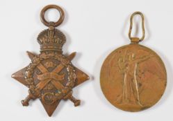 WW1 British Army medal pair 1914 Star and Victory Medal named to 2457 Pte W Timms, 1st Battalion