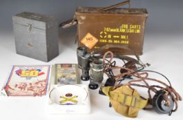 Militaria items comprising ammunition tin / box for 7.62mm blank, pair of binoculars by Carl Zeiss