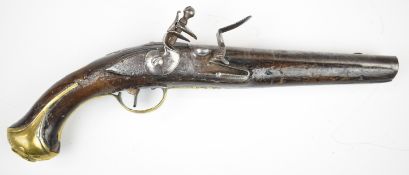 English flintlock belt pistol with engraved lock and hammer, brass trigger guard, butt cap and