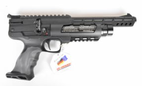 Weihrauch HW44 .177 PCP air pistol with shaped grips and adjustable sights. scope rail and 10-shot