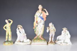 Collection of 19thC English and continental figures including Staffordshire jester, pearlware figure