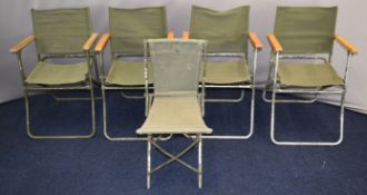 Military folding chair together with four further folding chairs with wooden arms