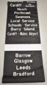Bus destination blind including Swansea, Porthcawl, Leeds, Glasgow and Barry Island