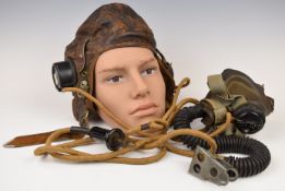 WW2 Royal Air Force leather flying helmet, earphones stamped AM 10A/13466, oxygen mask with AM and