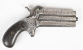 Unnamed .38 pinfire double barrelled hand rotating over and under pocket pistol with sheath trigger,