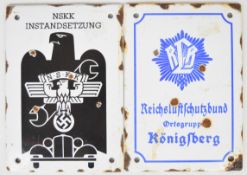 Two German Nazi enamel signs RLB Reichsluftschutzbund Ortsgrupp Konigsberg and NSKK