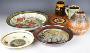 Collection of studio pottery including Alan Wallwork cheese dish with tile, Alvin Irving dish, Colin