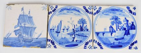 Three 18thC Delft tiles decorated with a galleon, fisherman etc, 13 x 13cm