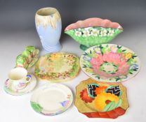 Collection of Art Deco ceramics including Crown Devon vase, plate and trio with 'Dayntee Laydee'