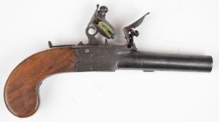 Bass of London flintlock pocket pistol with signed lock, folding trigger, wooden grips, thumb