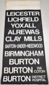 Bus destination blind including Burton, Leicester, Litchfield, Clay Mills and Birmingham