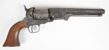 Colt Navy style six-shot single-action revolver with faux wooden grips and 7.5 inch barrel,