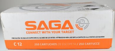 Two-hundred-and-fifty 12 bore SAGA Export 34g 4 shot shotgun cartridges, all in original boxes.
