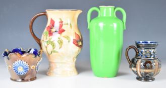 Four Doulton Lambeth / Royal Doulton jugs, planter etc, tallest 23cm