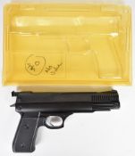 Webley Nemesis .22 air pistol with gold inset logo to the chequered grips and adjustable trigger and