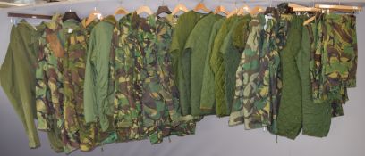 Military clothing both DPM and olive green including waterproof smock, quilted jackets and trousers,