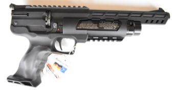 Weihrauch HW44 .177 PCP air pistol with shaped grips and adjustable sights. scope rail and 10-shot