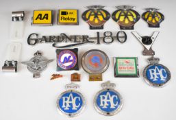 Car and lorry badges including AA, RAC, Civil Service Motoring Association, enamel Auto-Sleeper