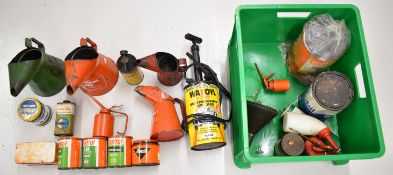 Classic car interest oil and grease cans and jugs, including Rocol, Duckhams, Mobil, Releasall,