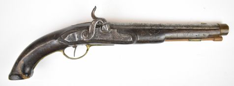 Indistinctly named percussion hammer action pistol with brass trigger guard and barrel band,