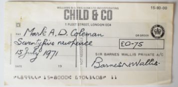 Barnes Wallis 617 Squadron and bouncing bomb interest signed cheque dated 1971 relating to a