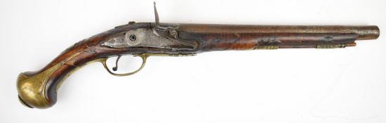 Unnamed flintlock holster pistol with engraved lock, brass trigger guard, butt cap and mounts,