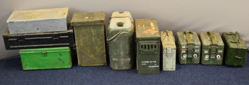 Ten military cases including shaped painted canvas or similar case marked AST, possibly to suit a