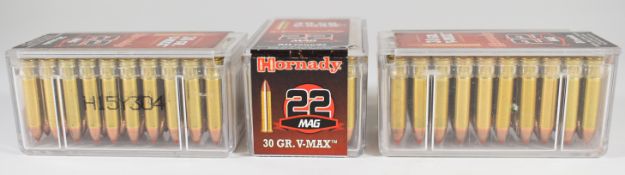 One-hundred-and-fifty .22 Mag Hornady rifle cartridges, all in original boxes. PLEASE NOTE THAT A