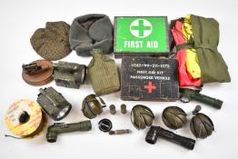 Military accessories to include fluorescent panel markers, Racal and Peltor ear defenders, parachute