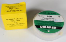 A collection of .22 blank Umarex and Power Line Yellow rifle cartridges, all in original boxes.