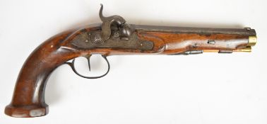 Unnamed 40 bore percussion hammer action belt or holster pistol with engraved lock, stylised dolphin