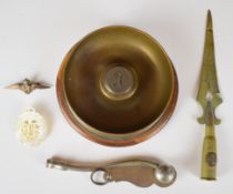 WW1 trench art ashtray / dish fashioned from a shell base dated 1916, letter opener, bosun's whistle