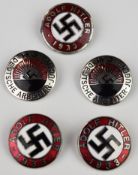 Five copy German Nazi Third Reich Hitler Youth and Adolf Hitler pin badges